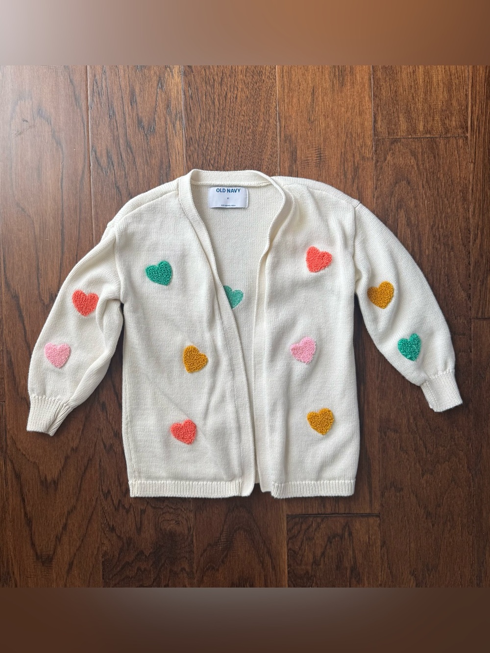 Old Navy Cream Cardigan with Colorful Heart Patches 3T